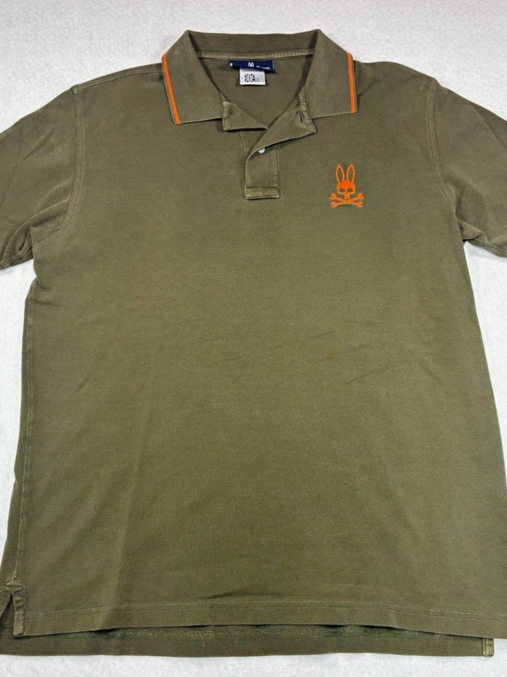 Psycho Bunny Olive Green Polo with Orange Logo and Trim